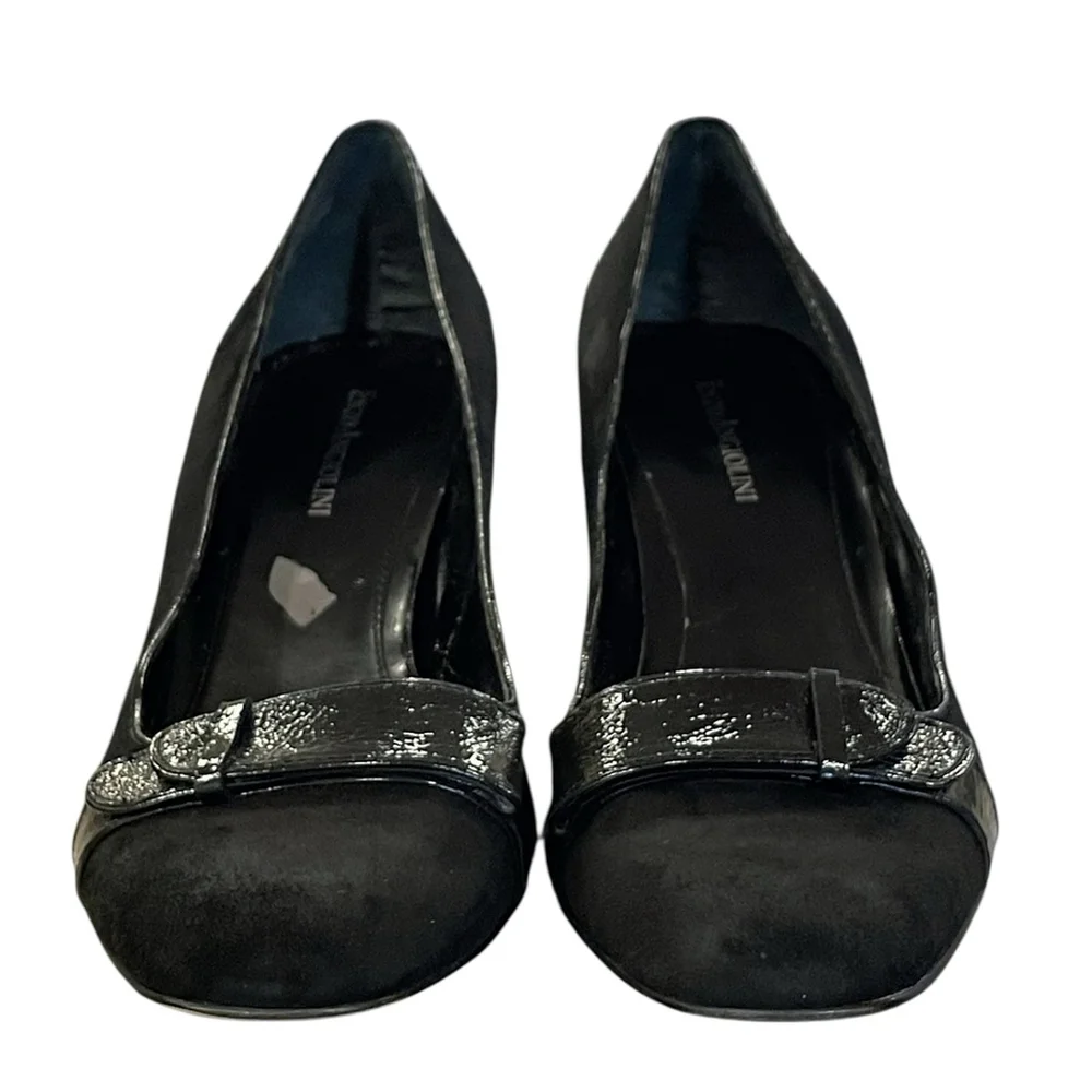 Enzo Angiolini Womens 9.5M Eatotiana Pumps Block Heel Suede Patent Accent Black